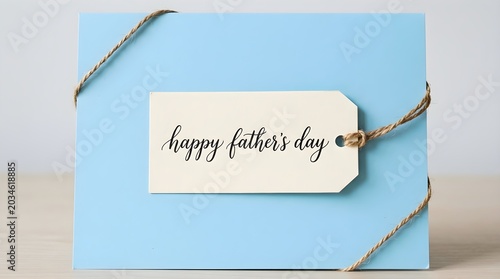 Heartfelt 'Happy Father's Day' greeting card featuring elegant script typography on a light blue background, tied with natural twine, symbolizing appreciation and paternal love