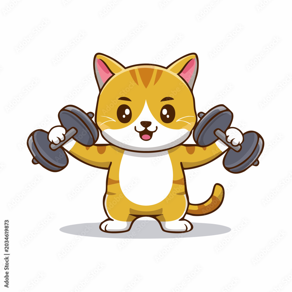Obraz premium Cute Cat Lifting Dumbbells Cartoon Illustration