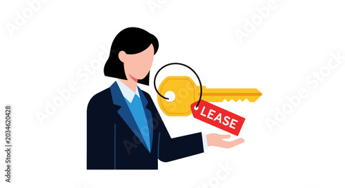 Real Estate Agent Offering Key with Lease Tag, Business Property Rental Concept