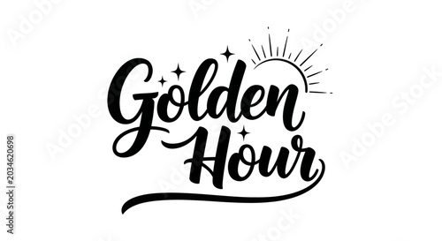 Fotografie Golden Hour Handwritten Text with Sun and Stars Illustration