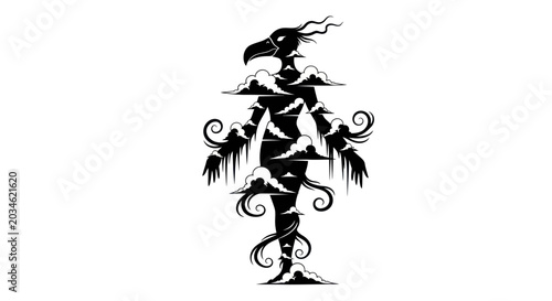 Obraz na płótnie Mysterious Bird-Like Silhouette with Clouds and Swirls