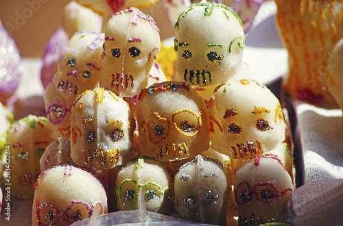 Marzipan skull good luck charms at the Day of the Dead Festival during All Saints' Day or All Hallows in Patzcuaro, Michoacan, Mexico, North America