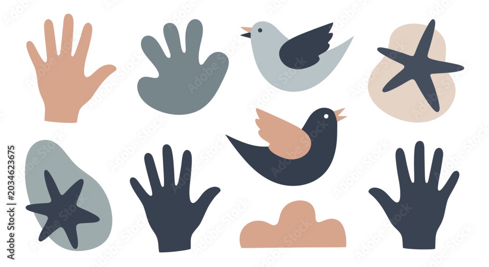 Fototapeta premium Abstract Hand and Bird Shapes with Starfish Elements.