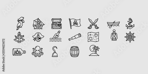 Photos Icon set collection of vintage pirate adventures showcasing parrots, sailing ships, treasure chests, skulls, swords, and secret maps