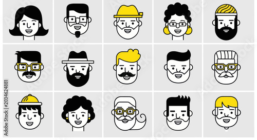Diverse illustrated faces set on light background