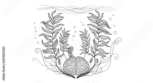 Bild auf Leinwand Underwater Brain Growth with Seaweed and Bubbles Illustration