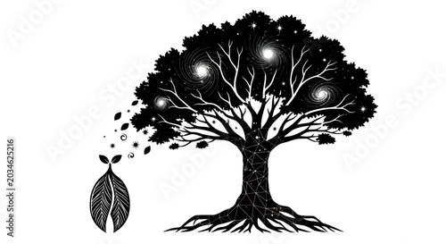 Bild auf Leinwand Silhouette of a majestic tree with a cosmic galaxy inside its canopy, sprouting from a seed