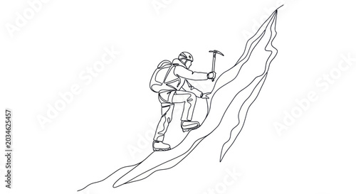 Photos Climber Ascending Steep Mountain Slope with Ice Axe and Backpack