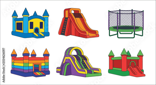 Slika na platnu Inflatable Bounce Houses And Slides Colorful Vector Illustration On White Backgr