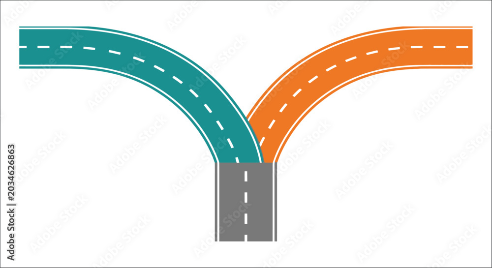 Naklejka premium Road bifurcation illustration flat vector graphic with teal and orange pathways