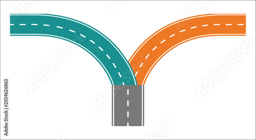 Quadro em tela Road bifurcation illustration flat vector graphic with teal and orange pathways