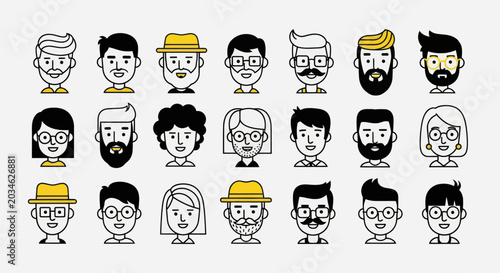 Diverse illustrated faces set on white