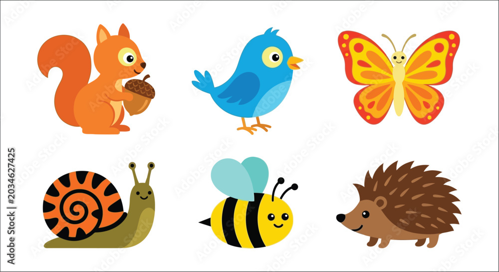 Fototapeta premium Animal Illustrations Squirrel Bird Butterfly Snail Bee And Hedgehog animals