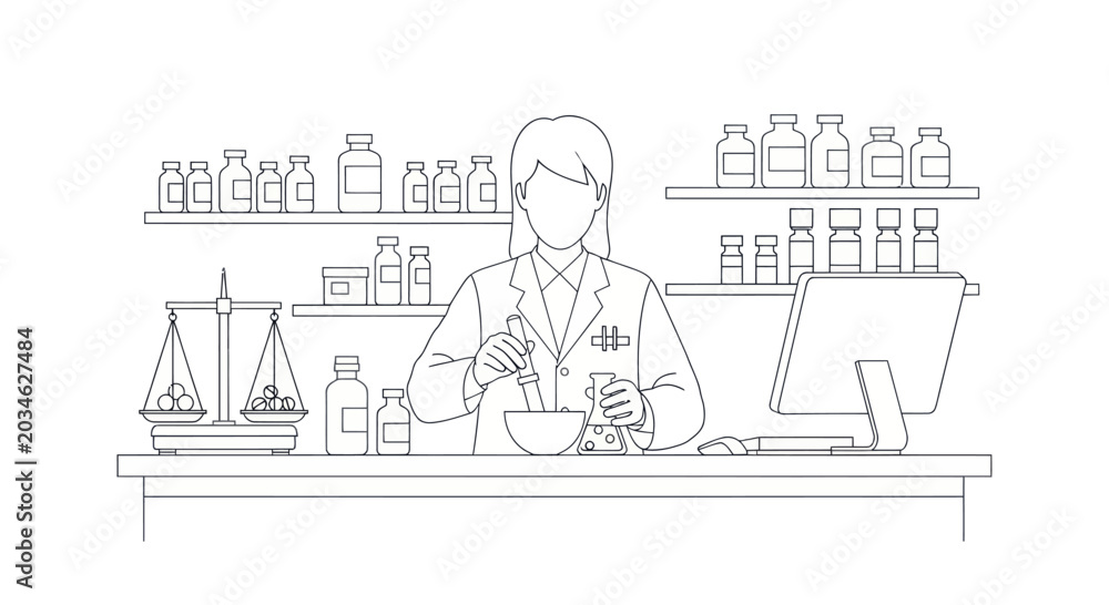 Fototapeta premium Pharmacist preparing medication in mortar and pestle at counter with apothecary bottles