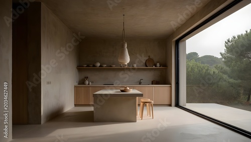 Ultra Minimalist Japandi Kitchen With Monolithic Concrete Island, Warm Timber Cabinetry, Open Shelving With Wabi-Sabi Ceramics And Soft Forest Window View (AI-Generated)
