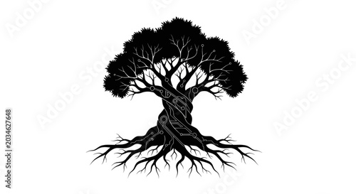 Quadro su tela Entwined Tree Silhouette with Deep Roots, Celtic Knot Design