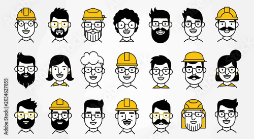 Diverse illustrated faces with hard hats