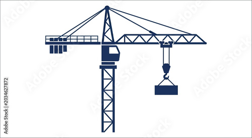 Cuadro en lienzo Tower Crane Silhouette Against White Background Industrial Construction Equipmen