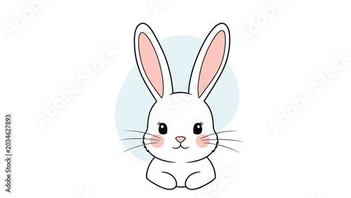 Tableau sur toile Adorable illustration of a white bunny rabbit with pink ears and rosy cheeks on a soft blue and white background
