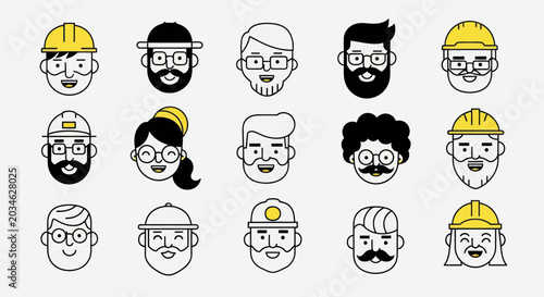 Diverse illustrated faces with hard hats