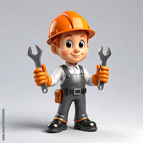 friendly cartoon construction worker mascot holding wrench tools