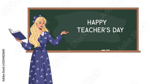 Smiling blonde woman in a purple dress standing in front of a green chalkboard with Happy Teacher's Day text written on it.