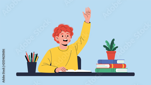 Bild auf Leinwand Red-haired schoolboy sits at his desk with books and a small plant, raising his hand enthusiastically to answer a question in the classroom