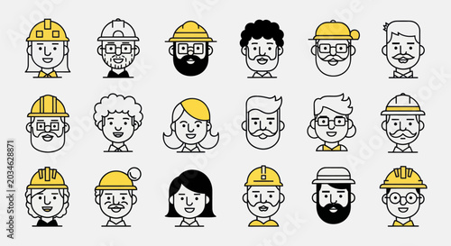 Diverse illustrated faces with protective headwear