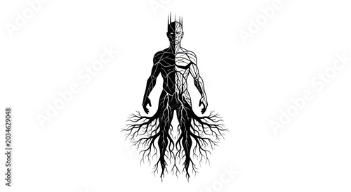 Tableau sur toile Human body with roots instead of legs, symbolizing connection to nature, growth,
