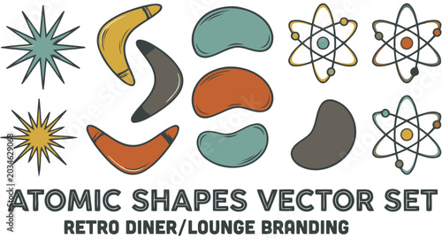 Vector atomic shapes set for retro diner and lounge branding featuring mid century modern geometric motifs, starbursts, and atomic orbits for vintage signage and 1950s graphic design projects