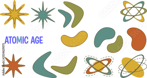Vector mid century modern atomic age shape collection featuring retro boomerangs, starbursts, and orbit motifs for 1950s style graphic design, retro-futuristic layouts, and vintage branding elements
