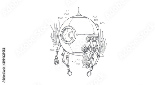 Schilderij op canvas Retro futuristic robot drawing, science fiction concept art, vintage technology