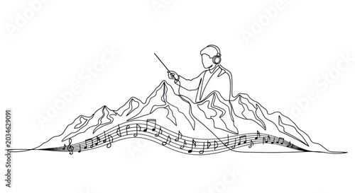 Obraz na plátně Conductor on Mountain Peak Leading Musical Symphony with Sheet Music