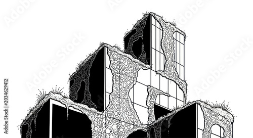 Billede på lærred Ruinous Modern Building Overgrown with Vegetation