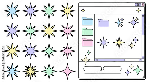 Vintage Computer Folder and Vector Starburst Asset Kit with Retro OS Window Elements and Multi-Colored Four-Pointed Sparkles for 2000s Era Digital Art and Webcore Graphic Design