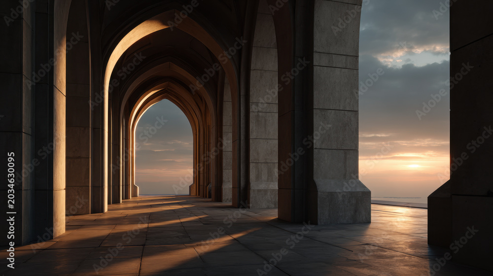 Fototapeta premium Minimalist arch corridor with elegant gothic arches and sunset light, architectural interior with dramatic shadow and stone floor