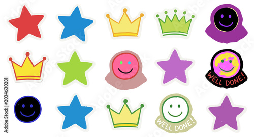 Vector Crayon Reward Stickers Set Featuring Hand Drawn Stars Crowns and Smiley Faces for Teacher Positive Reinforcement Student Achievement Awards Preschool Classroom Motivation and Incentive Systems