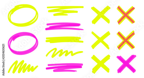 Hand-Drawn Neon Highlighter Vector Marks Set with Circles, Squiggles, Lines, and Crosses in Yellow and Pink for Emphasis and Annotation