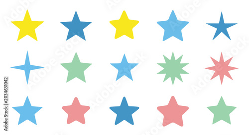Colorful star icon set with 15 vector elements, pastel hand drawn star shapes for rating and rewards, decorative celestial symbols in flat style