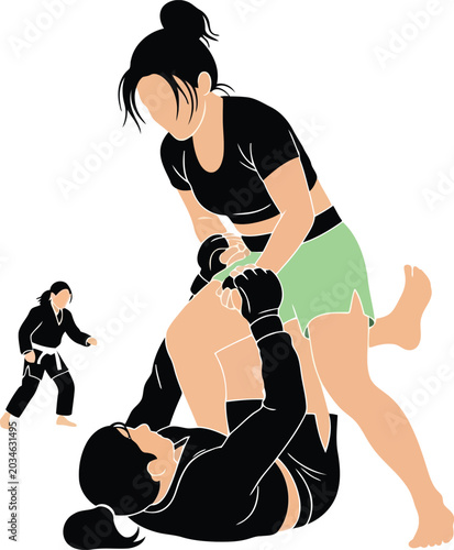 Cuadro en lienzo Female self defense martial arts illustration with woman restraining attacker on