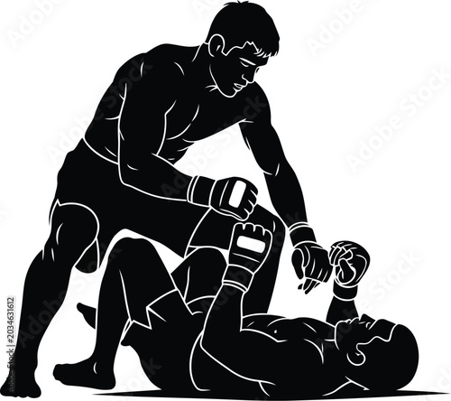 MMA Fighter Attacking Opponent on the Ground Black Silhouette Illustration