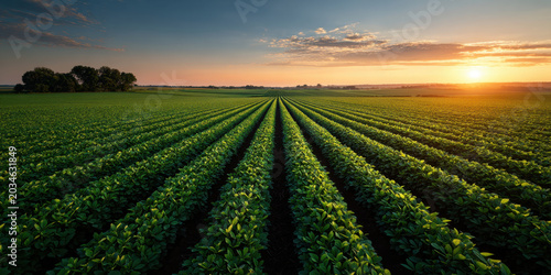 Aerial view soybean field sunrise green crop rows agricultural landscape