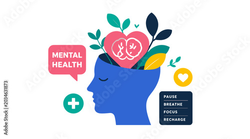 Mental health awareness head illustration with symbols.