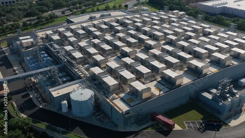 Aerial Reveal of Large Data Center Rooftop Infrastructure. San Antonio Texas