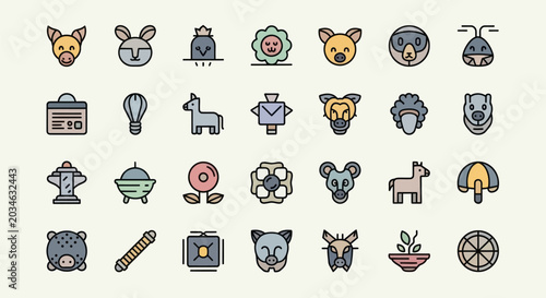 Colorful icon set of animals and objects