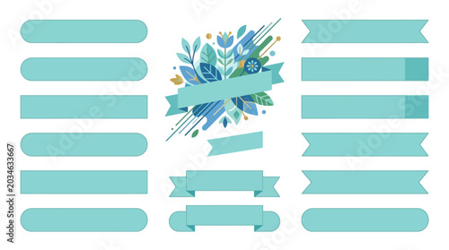 Collection of light blue vector ribbons banners and floral decorative elements for graphic design templates. EPS Editable