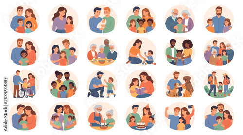 Diverse family icons set showing different types of modern families and happy relationships in flat vector style. EPS Editable
