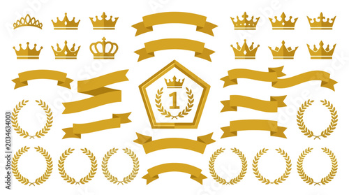 Golden award design elements set with crowns ribbons and laurel wreaths isolated on white background. EPS Editable