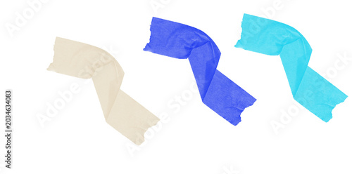Three overlapping paper airplanes in blue, teal and beige flying isolated on transparent background