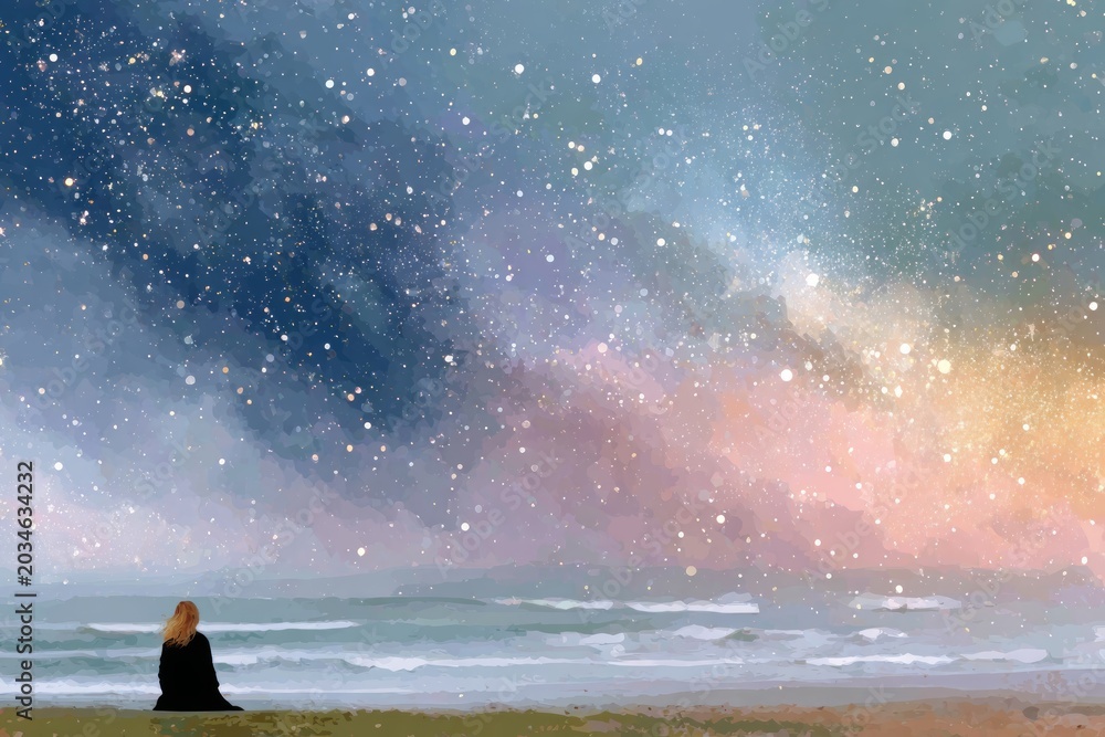 Fototapeta premium Spiritual Journey And Inner Peace Woman Meditating By Ocean Under Starry Night Sky Watercolor Painting Style